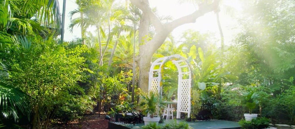 House courtyard and the garden of the Ernest Hemingway Home and Museum in Key West, Florida.